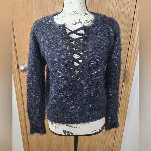 Express Sweaters - Express Fuzzy Lace Up Sweater